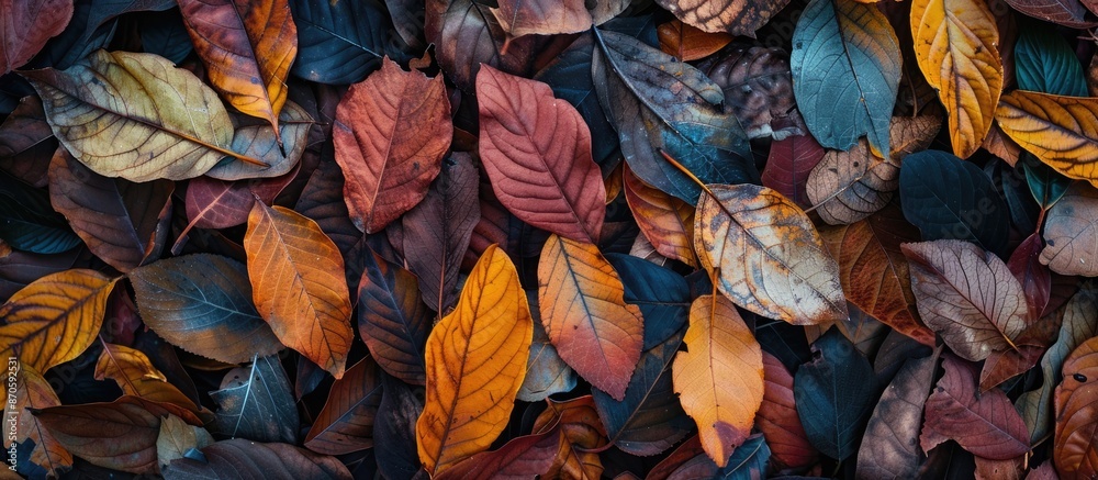 Aufkleber Autumn concept displayed with a variety of colorful, dry jackfruit tree leaves in a top view flat lay shot, depicting a changed environment with copy space image.