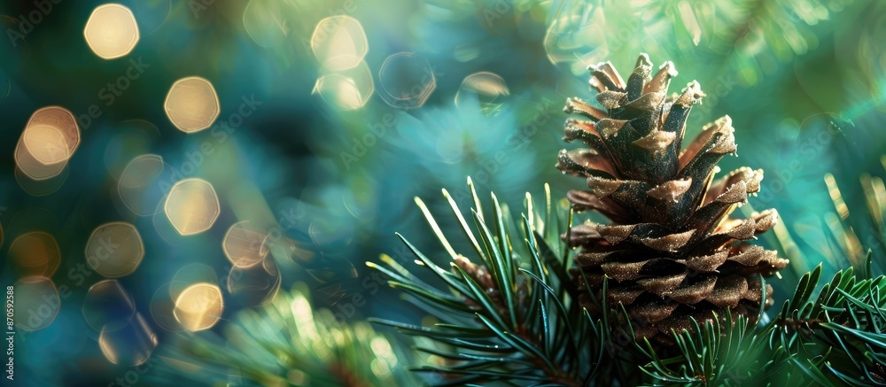 Poster close-up image of a pinecone on a spruce against a lush green backdrop, symbolizing christmas and ne
