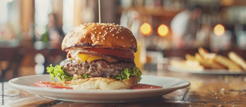 Poster Close-up view of a homemade hamburger on a white plate with copy space image.
