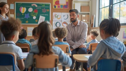 Interested elementary school students in the classroom communicate with the teacher