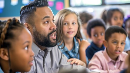 Obraz premium Interested elementary school students in the classroom communicate with the teacher