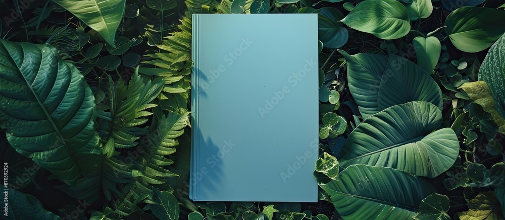 Poster An empty blue paper rests on lush greenery in a natural setting, providing ample space for adding an image.