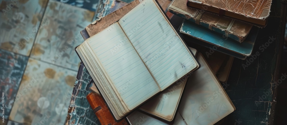 Poster Collection of notebooks from a top-down perspective with copy space image.