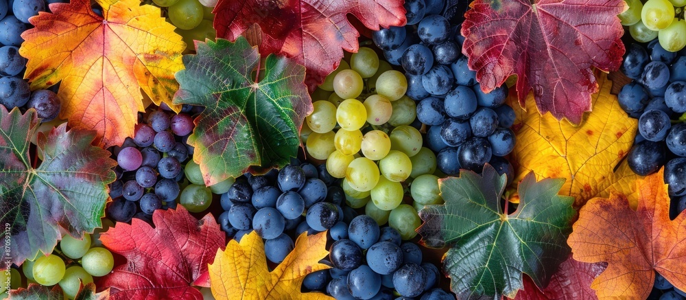 Poster close-up of various colored wild grapes with leaves in green, orange, yellow, and red, alongside dar