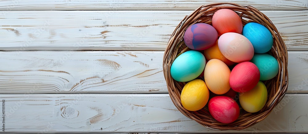 Poster easter eggs arranged in a basket on white wooden backdrop with copy space image available.