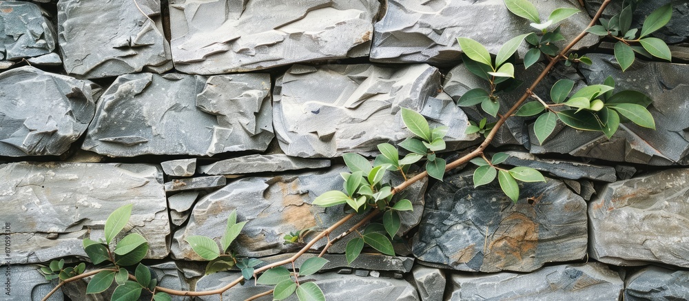 Poster copy space image of a grey stone wall with varied stone sizes, featuring a branch adorned with green