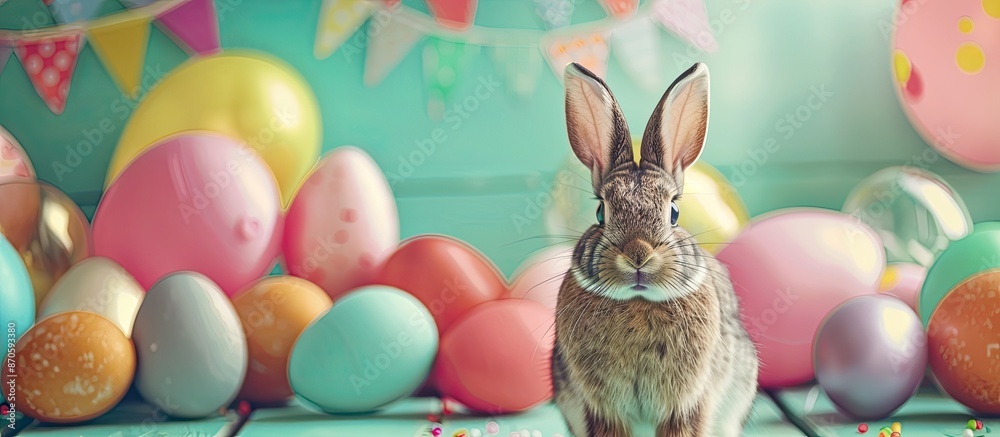 Poster Easter holiday concept featuring colorful Easter eggs and an Easter bunny rabbit in a cheerful setting with copy space image.