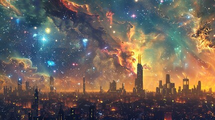 Fototapeta premium Galactic Urban Mirage - Dreamy Composite of Futuristic Cityscape Beneath Luminous Nebulae and Distant Clusters in Cosmic Sky
