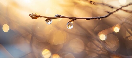 Detailed close-up of a water drop on a dry plant with a blurred background, showcasing morning dew on a dead plant, offering ample copy space for text, capturing the beauty of nature in spring.