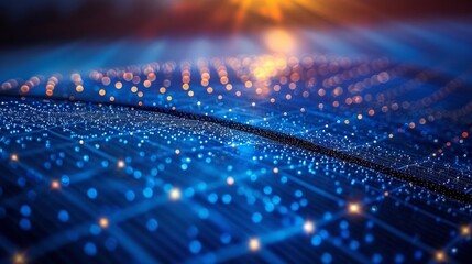 Close-up of Solar cell farm power plant eco technology. concept of sustainable resources and renewable energy. blue tone.