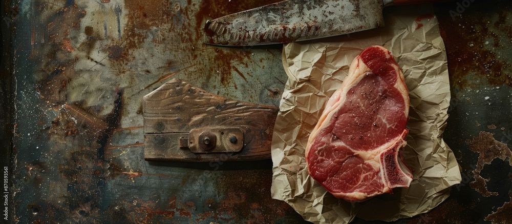 Poster Close-up top view of a raw pork chop wrapped in paper on a rustic metal table with a butcher's cleaver, showcasing copy space image.