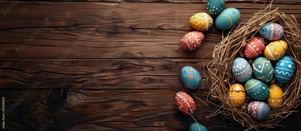 Aufkleber Easter eggs arranged in a flat-lay style on a wooden table with copy space image.