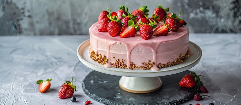 Copy space image of a decorated vegan strawberry cashew cake on a cake stand, presented on a grey stone background. This healthy, gluten-free, dairy-free dessert features selective focus.