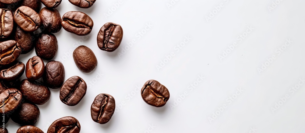 Aufkleber close-up image of freshly roasted coffee beans on a white background with copy space for text.