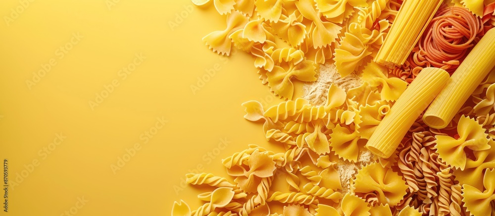 Poster colorful background with a variety of pasta, shown from above with a copy space image.
