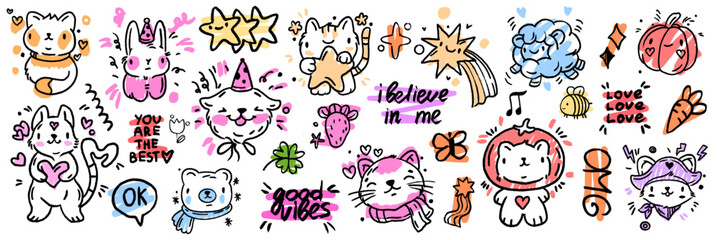 Cute doodle animals vector set, kids scribble kawaii cats, cartoon kitten bear smile funny stars. Naive comic pets hand drawn illustration happy playful character sticker. Marker crayon doodle animals © Oleksandra
