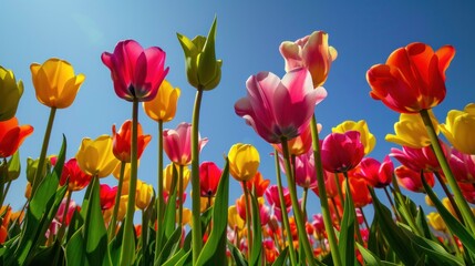 Obraz premium A field of vibrant tulips blooming in a rainbow of colors.
