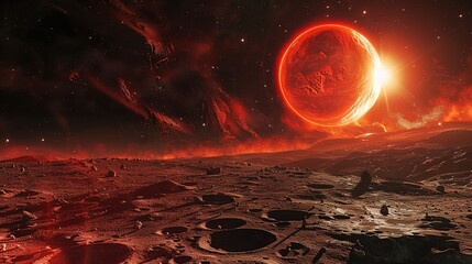 Illuminated Red Nebula Shining on Barren Lunar Terrain - Futuristic Space Exploration Concept