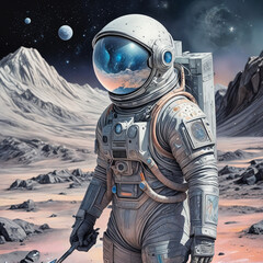 A luminescent elysian moon miner, every aspect radiates ethereal beauty amidst the desolate lunar landscape: shimmering silver spacesuit adorned with intricate celestial patterns.
