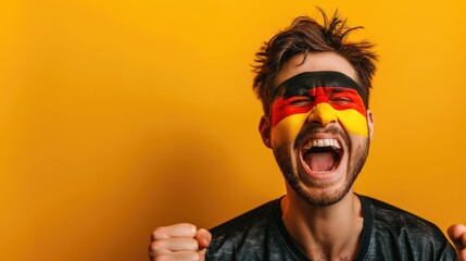 Football fan with a painted German flag on his face emotionally celebrates the victory of his favorite team on a yellow background. Football and sport concept 
