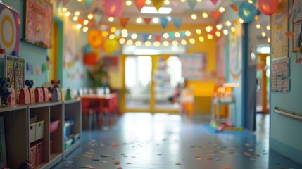 Obraz premium A festive decorated classroom for kids with colorful banners, balloons, and lights creating a cheerful and vibrant environment.