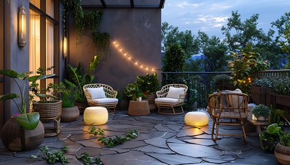 Contemporary patio with flagstone tiles, natural light, modern outdoor furniture, lush greenery, lights, and wicker chairs on a summer evening..