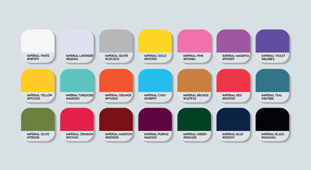 Imperial Color Palette, Imperial Color Guide Palette with Color Names. Catalog Samples of Multicolor Imperial with RGB HEX codes and Names. Paint, Wood, plastic, Fashion Trend Imperial Color Palette