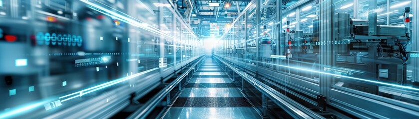 Fototapeta premium A high-tech, automated factory showcasing advanced robotics and machinery in a futuristic industrial setting.