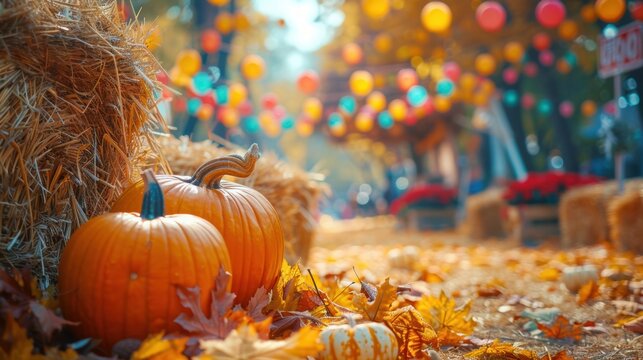 Colorful autumn festival scene with pumpkins, hay bales, and festive decorations, capturing the essence of fall celebrations.