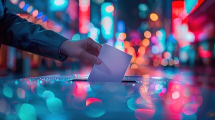 A hand drops an envelope into a slot amidst a neon-lit cityscape at night, symbolizing modern communication or voting.