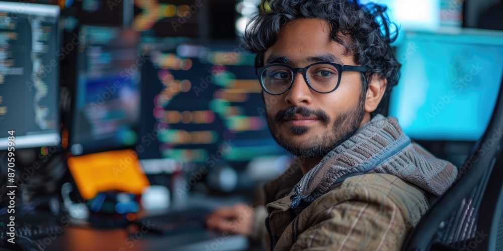 Poster young professional coding on multiple monitors in modern, illuminated workspace. intense and concent