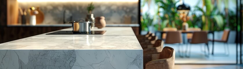 Sleek modern kitchen featuring a marble countertop, stainless steel appliances, and a stylish dining area with lush greenery.