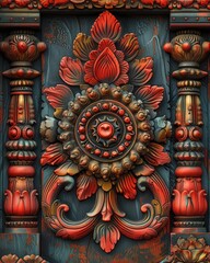 Fototapeta premium High resolution close-up of Indian Brahma texture, wooden texture. Design highlighted in dark green and red, traditional pattern. Attractive design