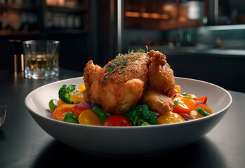 Tender, golden-brown chicken, perfectly seared and paired with a colorful array of fresh, vibrant vegetables. The dish is elegantly arranged on the plate, showcasing the succulent chicken and crisp ve