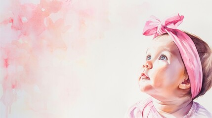 Fototapeta premium A watercolor drawing of a baby girl with a bow headband.