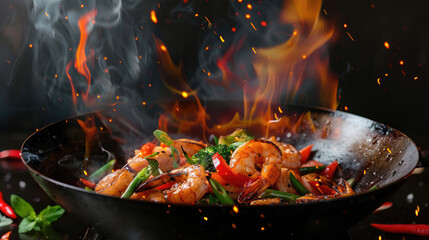 Close up of fire coming out from a wok with shrimp, vegetables and noodles being thrown into it