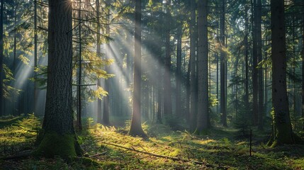 Obraz premium Serene Forest Canopy: Sunlight Filtering Through Tall Trees in Tranquil Woods