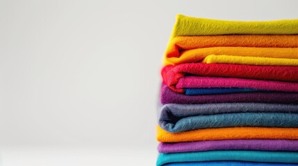 Stack of neatly folded colorful clothes against a clean white background, showcasing vibrant textiles and organization.