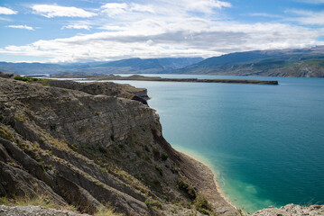 Sulak reservoir in a picturesque landscape. Dagestan, Russia