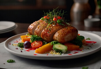 Tender, golden-brown chicken, perfectly seared and paired with a colorful array of fresh, vibrant vegetables. The dish is elegantly arranged on the plate, showcasing the succulent chicken and crisp ve