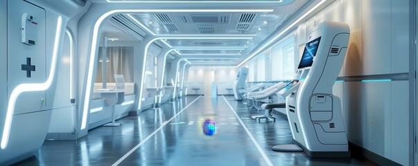 Obraz premium Futuristic, high-tech medical facility corridor with advanced equipment and clean, sleek design. Perfect for sci-fi and healthcare visuals.