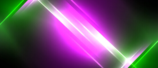 Obraz premium Neon dynamic diagonal light rays background. Techno digital geometric concept design for wallpaper, banner, presentation, background