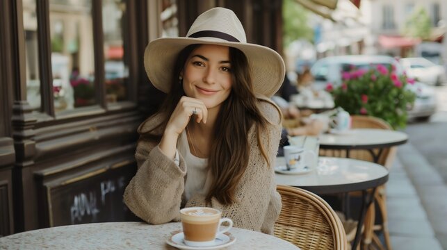 A beautiful, fashionable lady or woman, with a hat and elegant spring clothes, sits at a table in a cafe or restaurant or caffeteria outside, posing and drinking coffee or a tea with a smile on face