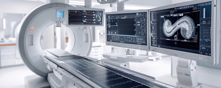 Modern MRI scanner in a hospital. High-tech medical imaging machine with digital displays for advanced diagnostic purposes.