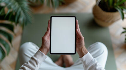  fitness enthusiast in athletic gear leading a yoga session, surrounded by greenery and exercise mats, holding a black tablet iPad Pro vertical with white blank screen, mockup