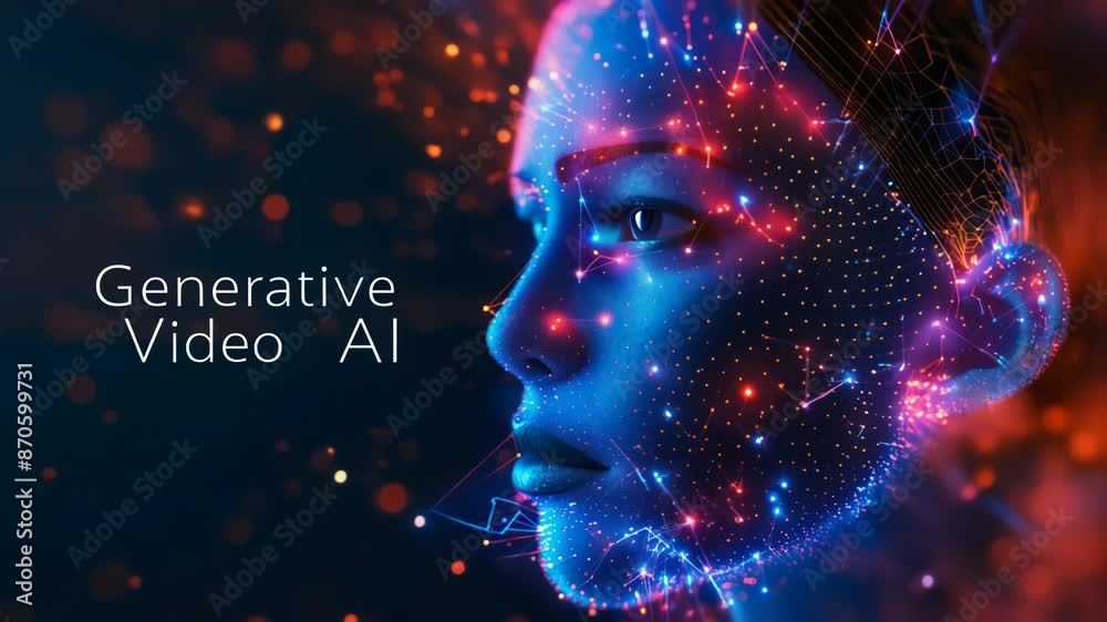 Poster futuristic digital human face with neural network brain activity symbolizing advanced generative ai 