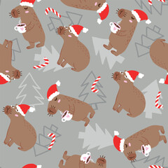 Christmas pattern with capybara. Background for textile, fabric, stationery, wrapping paper, pajamas and other design.