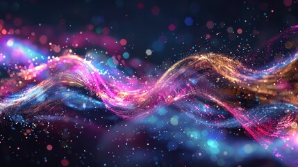 Fototapeta premium Abstract image featuring neon light trails and particles against a dark background, creating a vibrant and dynamic visual effect.