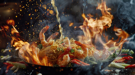 Fototapeta premium Close up of fire coming out from a wok with shrimp, vegetables and noodles being thrown into it