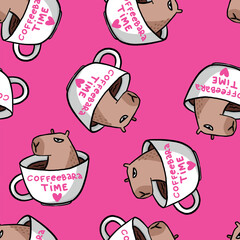 Pattern with capybara in cap. Background for textile, fabric, stationery, wrapping paper, pajamas and other design.